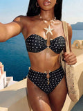 Vaytide Summer Holiday Tropical Black And White Polka Dot Polka Dot Accent Halter Tie Waist Bikini Set Holiday Pool Party Vacation