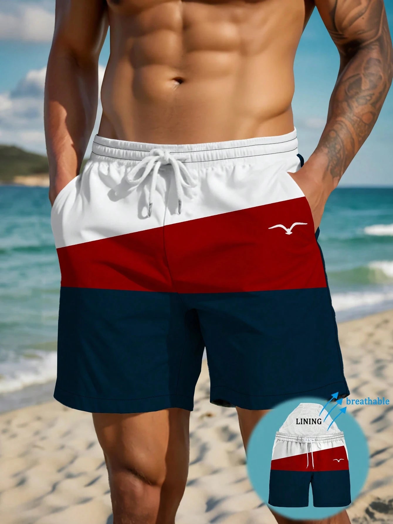 Men's Summer Printed Pattern Drawstring Waist Slant Pocket Hawaiian Quick-Dry Double-Layer Mesh Lined Shorts, Seagull Contrast Color 3D Artistic Print, Fashionable Casual Beachwear Swim Trunks