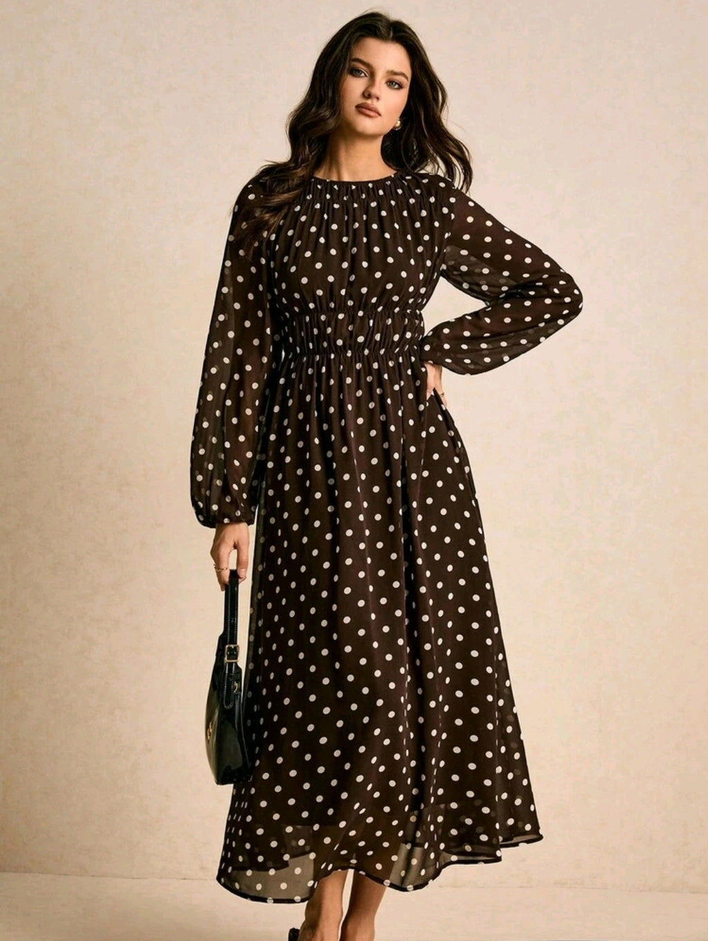 Poéselle Women's Polka Dot Print Round Neck Lantern Sleeve Ruched Long Dress, Brown Dress,Legant Dresses For Women,New Year Dress Women ,Casual Outfit For Women,Old Money Style, Suitable For Daily Wear, Going Out, Commuting,Fall/Winter