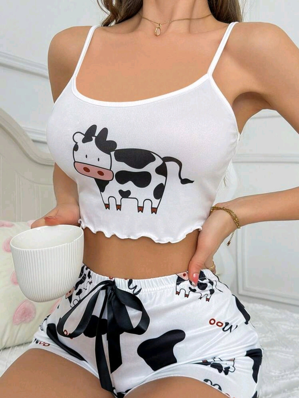 DUSKBASE Women's Cow Printed Camisole With Round Neckline And Lace Trimmed Straps, Pajama Cami Top (Without Shorts)
