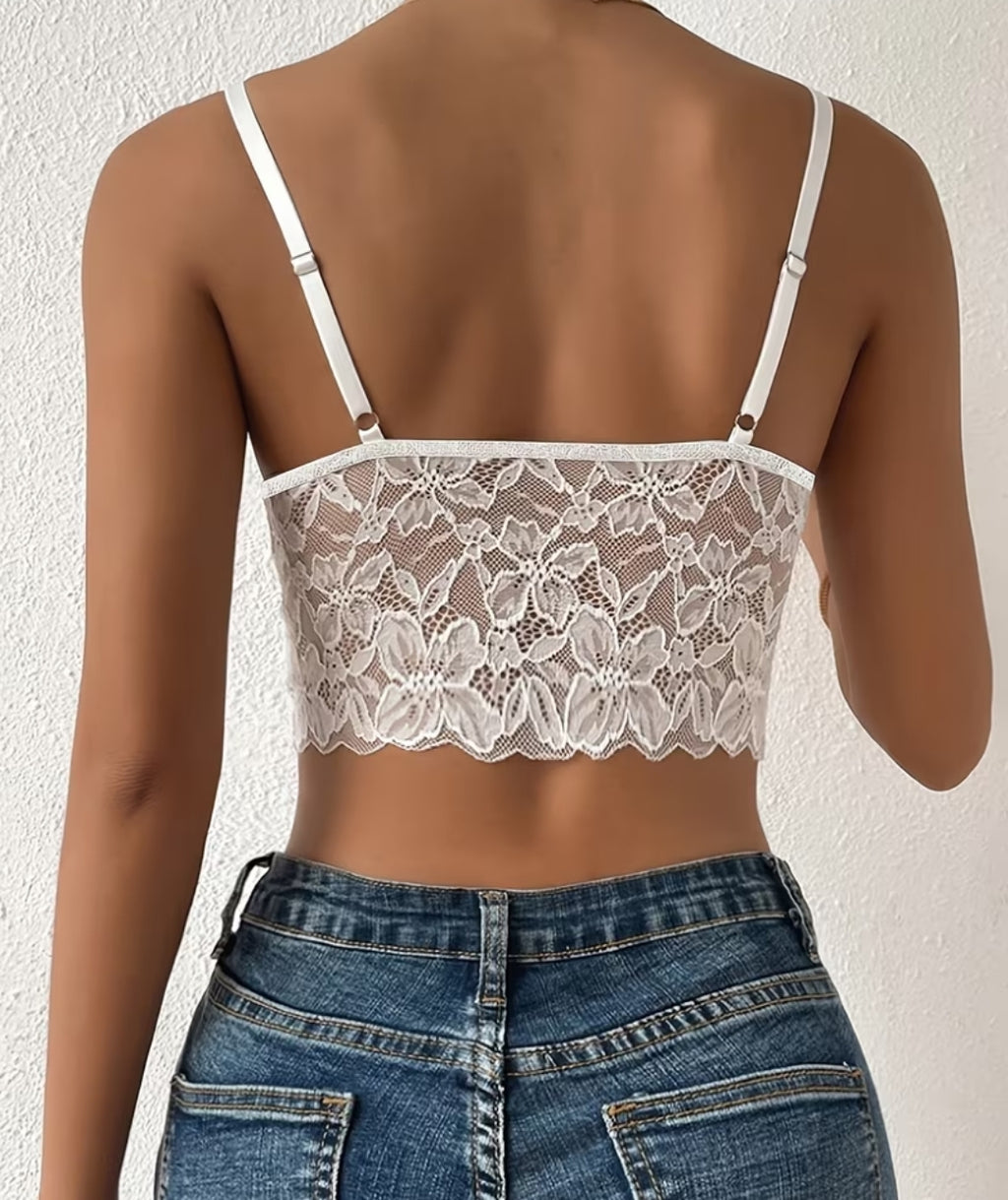 Women' Sexy Sheer Lace Spaghetti Strap Crop Tube Top - Semi-Sheer Stretchable High Elasticity Blouseable Suitable for Evening Dates, Parties, Night Out - Solid Color Lace Trimmed Tank (No Padding, Machine Washable)