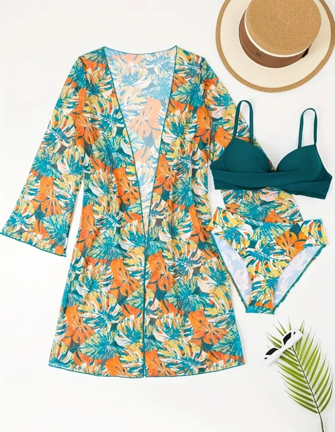 3pcs Beach Plant Print Swimsuit Set