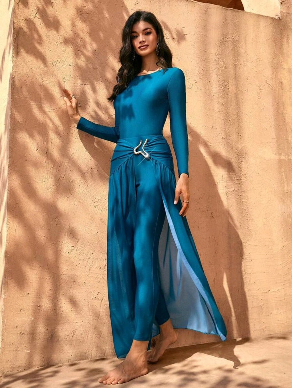 Swim Mulvari Elegant Teal Women's Long-Sleeve Jumpsuit & Sheer Skirt Set -Asymmetrical Metal Buckle & Long Pants Style, Ideal For Vacations Or Festive Occasions
