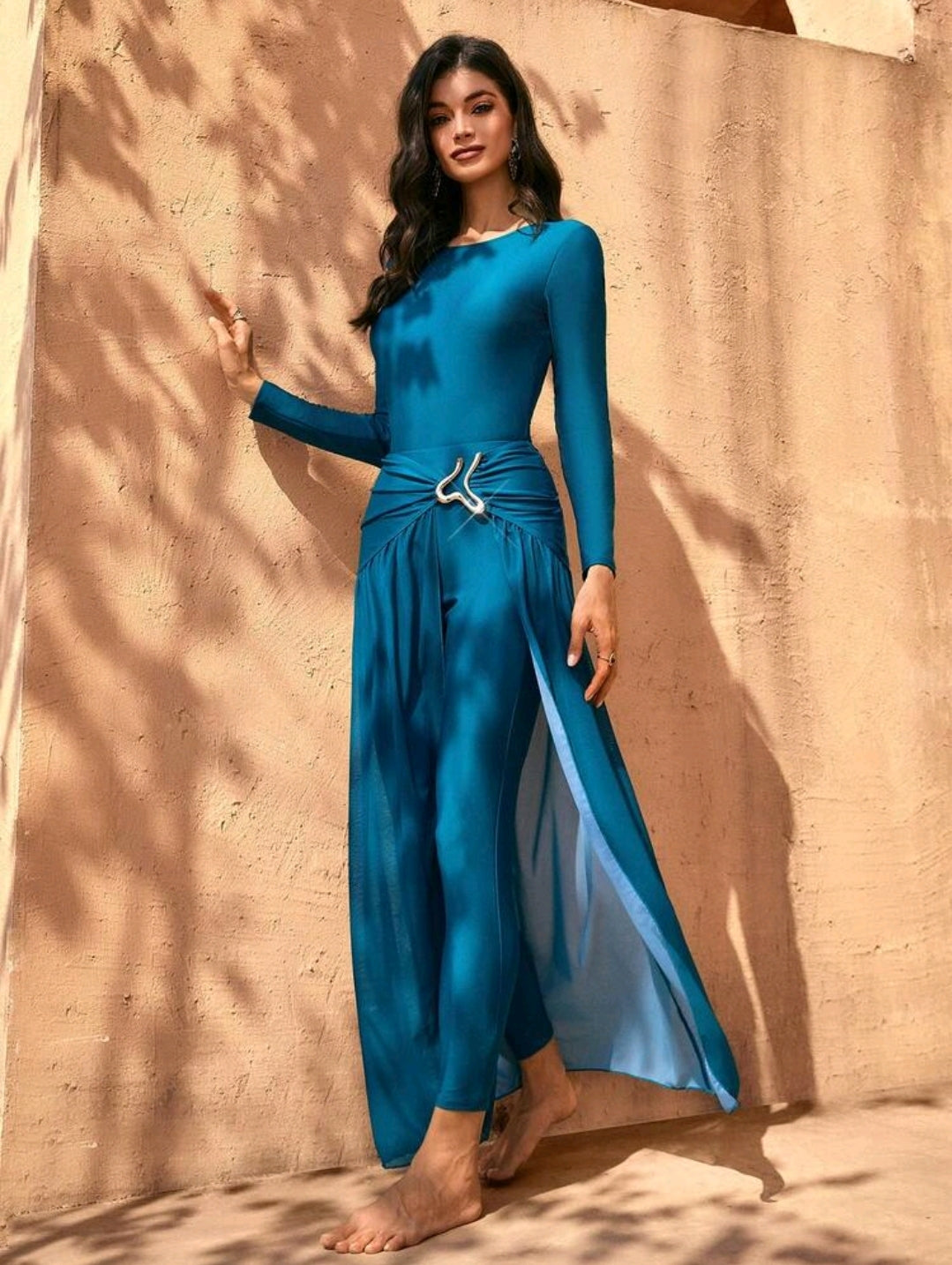 Swim Mulvari Elegant Teal Women's Long-Sleeve Jumpsuit & Sheer Skirt Set -Asymmetrical Metal Buckle & Long Pants Style, Ideal For Vacations Or Festive Occasions