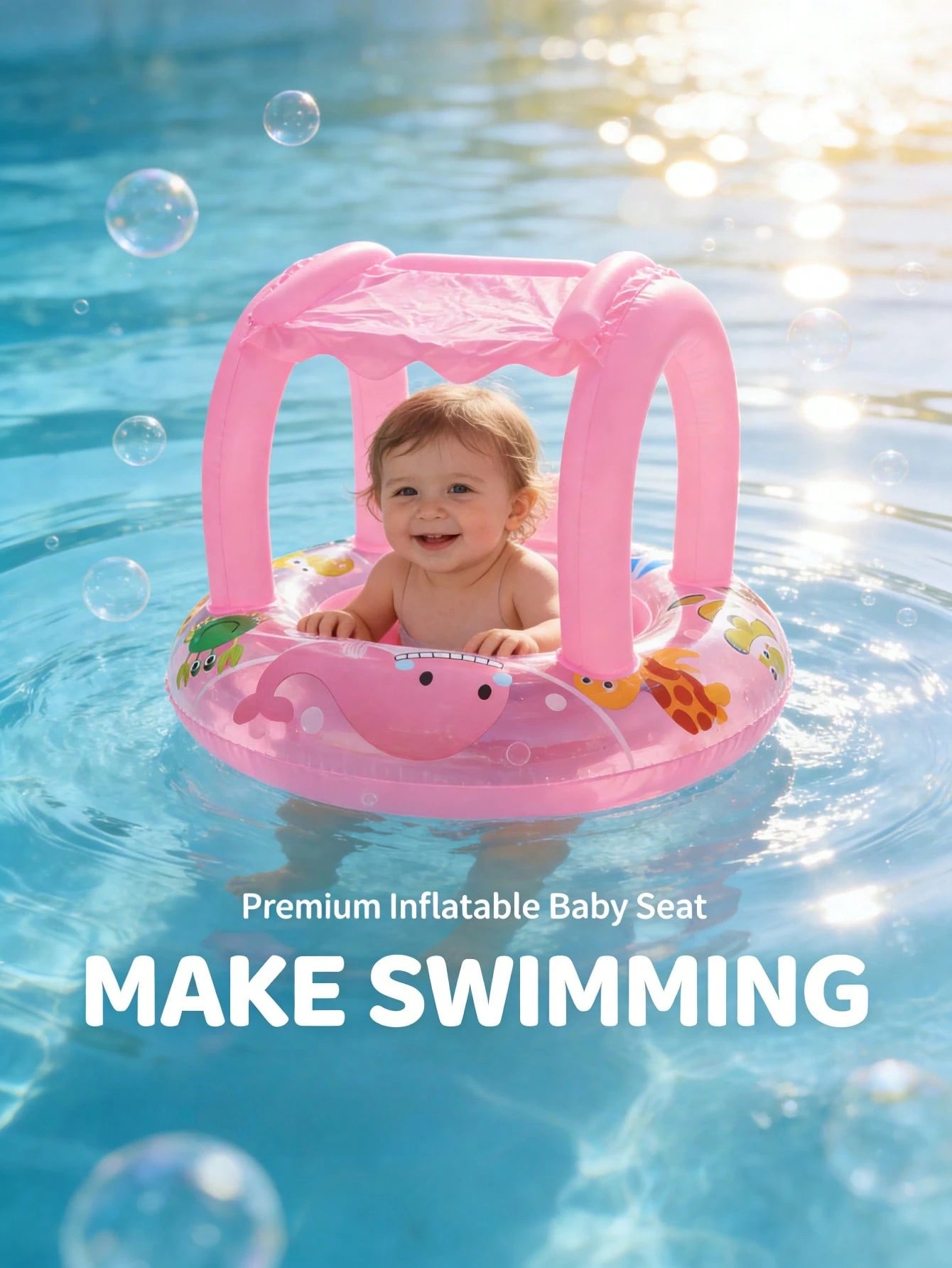 1pc Kids Swimming Pool Inflatable Seat Ring, Cute Floating Seat Ring, Swimming Ring, Infant Underarm Floating Ring, Summer Swimming With Sunshade Cartoon Pattern