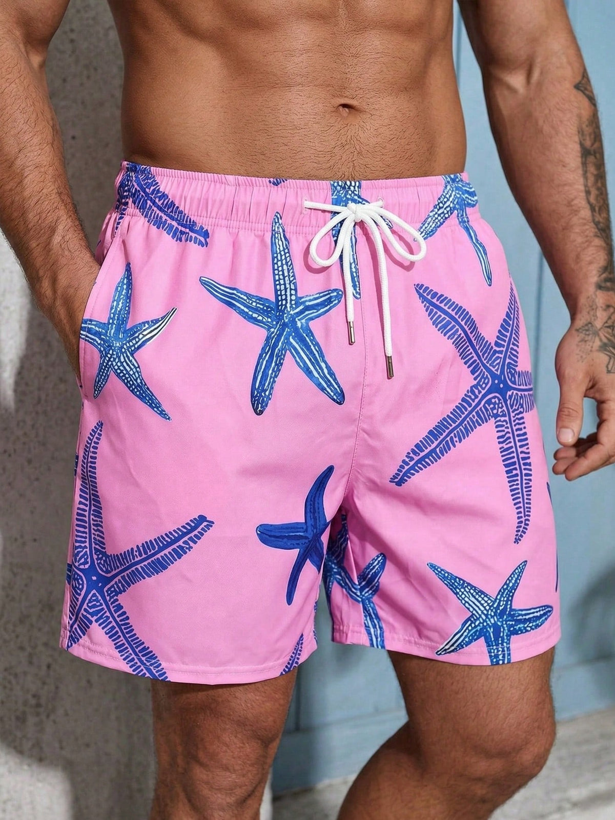 VIVINTIMO Men's Elastic Waist Drawstring Casual Starfish Print Beach Shorts, Summer Holiday / Vacation / Beach / Hawaii / Tropical / Swim /  Bathing