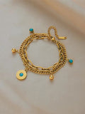 1pc Double Layer Turquoise Oval Tag Stainless Steel Beaded Bohemian Bracelet For Women, Suitable For Daily Wear