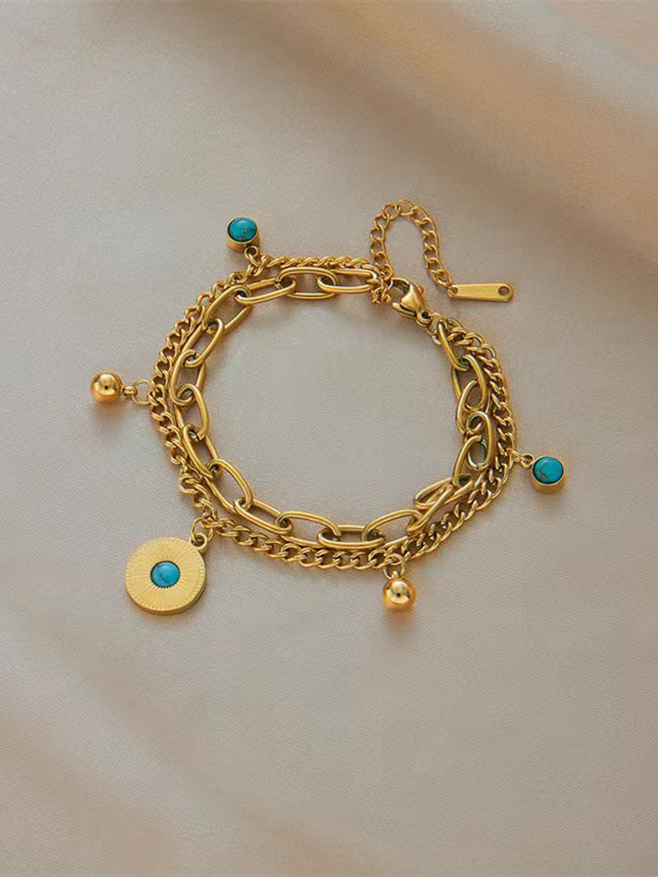 1pc Double Layer Turquoise Oval Tag Stainless Steel Beaded Bohemian Bracelet For Women, Suitable For Daily Wear
