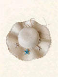 1pc Women's Bohemian Woven Bowknot Decor Ocean Themed Accessories, Starfish & Shell Decor, Casual British French Style Fashion Daily Outing, Beach Photography, Breathable Straw Hat