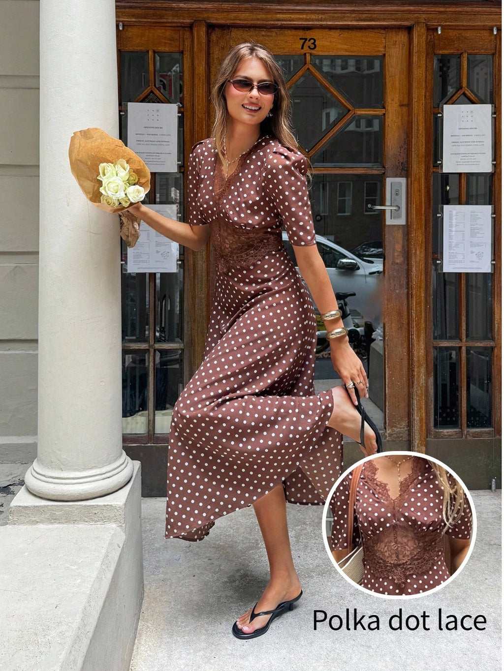 Serisse Women's Polka Dot Contrast Lace V-Neck Petal Sleeve Dress,French Summer Brown Vintage Polka Dot Lace Patchwork Short Sleeve Mid-Length Dress, Waist Cinching Slimming, Elegant Streetwear/Date Outfit Best Seller, Brown Polka Dot Dress, Brown Summer