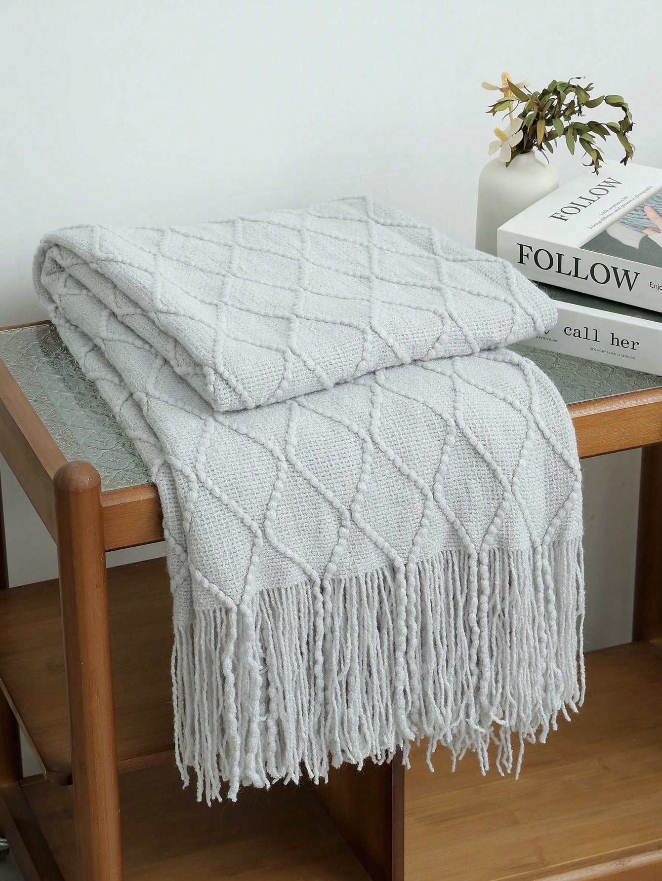 1pc Solid Color Diamond Plaid Knitted Blanket, Nordic Style Acrylic Rectangular Minimalist Sofa Cover Throw Blanket, Bedroom Leisure Knit Blanket