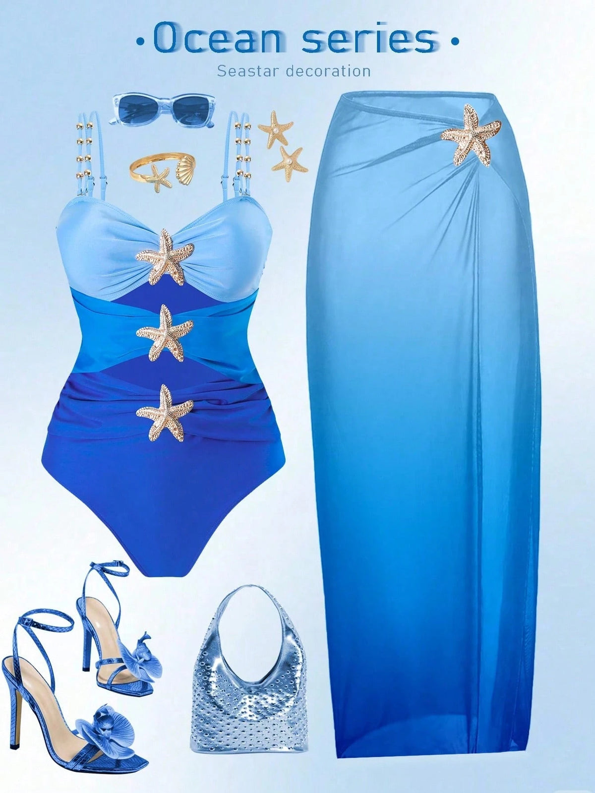 Swim Oasis Plus Size One-Piece Swimsuit, 2pcs Set, Multicolor Metal Starfish Decor, Minimalist Design, Women Summer Beach Vacation Outfit