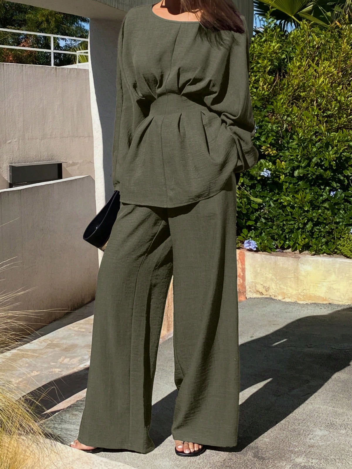Livesso Loose Cream,Summmer,Elegant,Tea Party Business Casual Ruffled Waist Office Wear Pullover Top And Straight Leg Pants Two Pieces Suit Lounge Sets Women