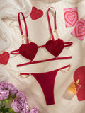 ROMWE Kawaii 2pcs Valentine's Day Gift Set Women's Sexy Lingerie Set, Adjustable Straps, Double Hook Closure, Metal Chain Connection, Velvet Heart-Shaped Bra And Belt, Metal Chain Connection Thong, Solid Color Comfortable Sexy Intimate Apparel Set, 3pcs B