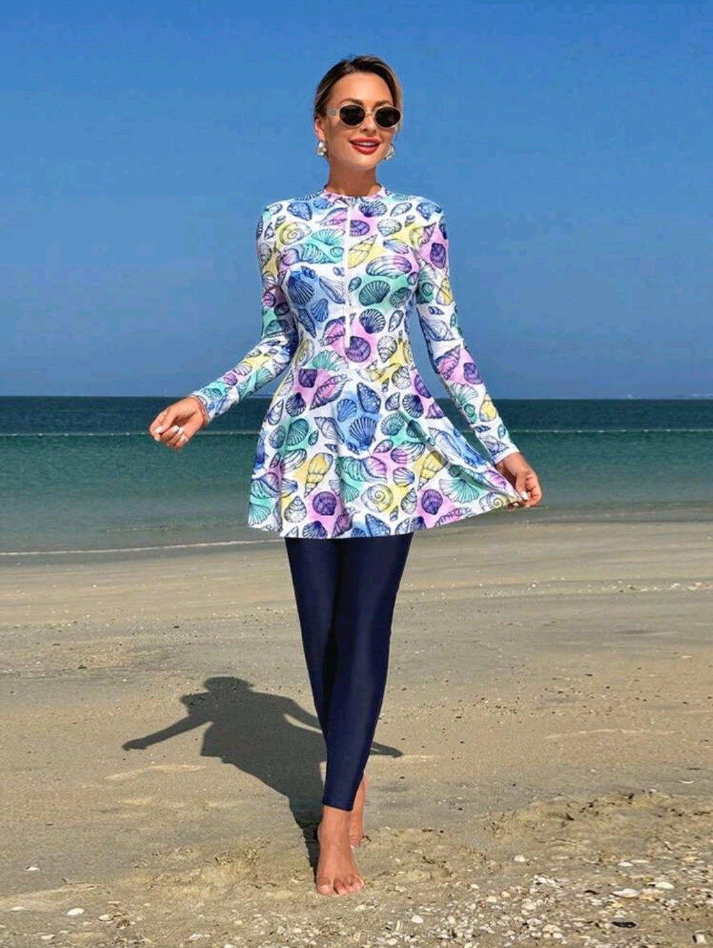 Swim Shayni 2pcs/Set Women's White Base Colorful Seashell Random Print Long Sleeve Half Zip Bodycon Top And A-Line Dress With Leggings, Middle Eastern Ladies Bikini