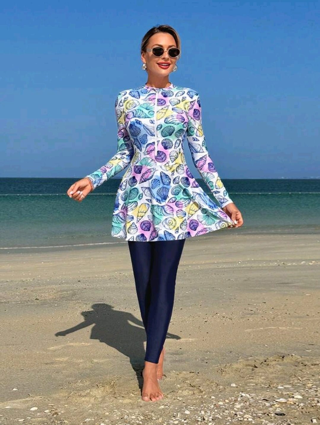 Swim Shayni 2pcs/Set Women's White Base Colorful Seashell Random Print Long Sleeve Half Zip Bodycon Top And A-Line Dress With Leggings, Middle Eastern Ladies Bikini