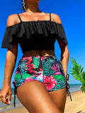 Swim Lushoire Summer Beach Tropical Tankini Set Cold Shoulder Ruffle Top & High Waisted Shorts 2 Piece Bathing Suit