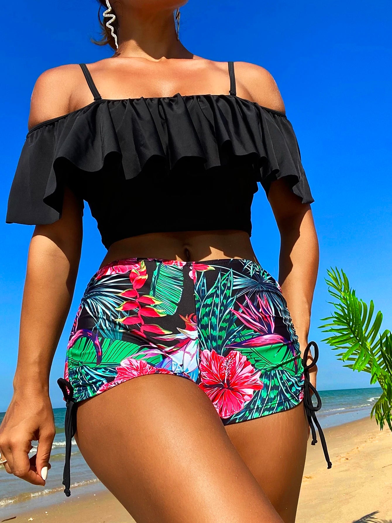 Swim Lushoire Summer Beach Tropical Tankini Set Cold Shoulder Ruffle Top & High Waisted Shorts 2 Piece Bathing Suit