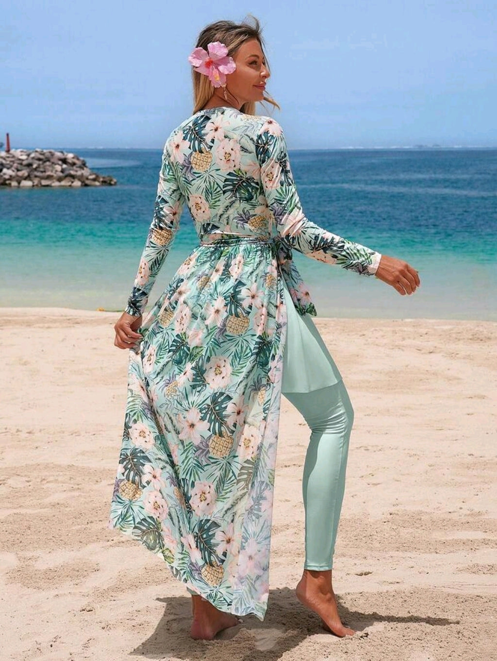 Swim Mulvari Women's 4-Piece Set, New Spring/Summer Tropical Floral Print Jumpsuit, Sheer Skirt, And Slim Fit Pants, Minimalist Yet Fashionable Vacation Swimwear, Spring/Summer
