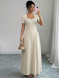 Elenzga Women's Elegant Romantic Polka Dot French Square Collar Puff Sleeve Cinched Waist Flowing Dress
