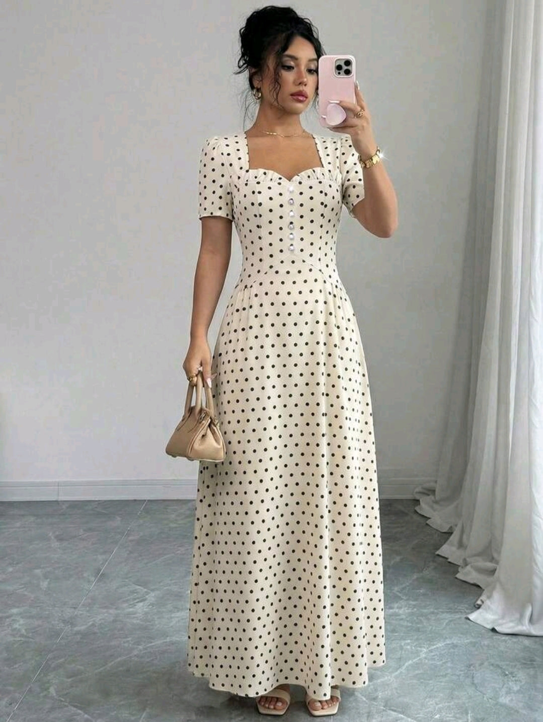 Elenzga Women's Elegant Romantic Polka Dot French Square Collar Puff Sleeve Cinched Waist Flowing Dress