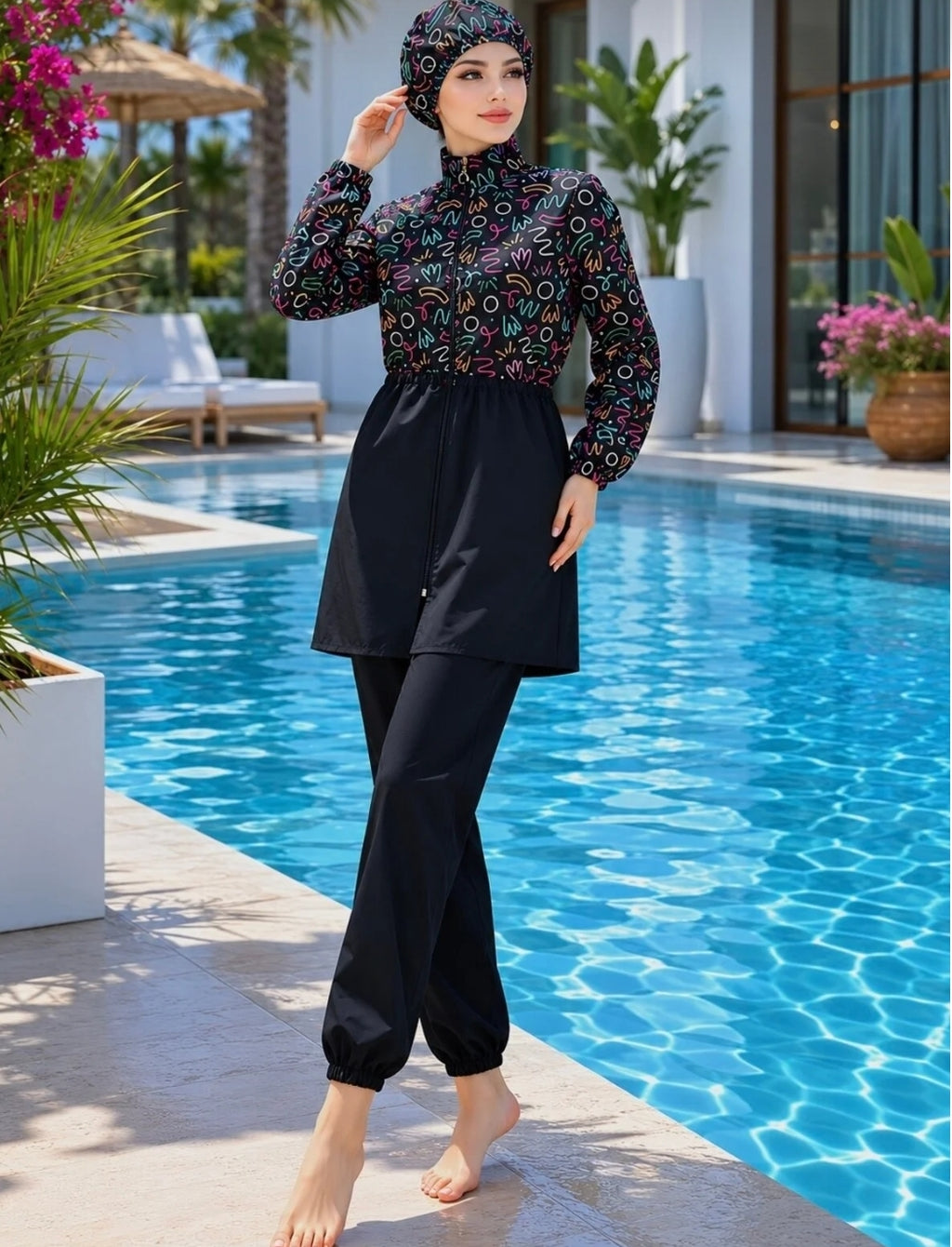 trendlina Mihrimah Beli 3-Piece Fully Covered Hijab Swimsuit Burkini Made
of Water-Repellent Fabric with Adjustable Elastic