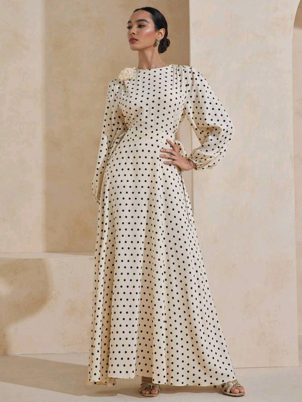 Graceveil Elastic Waist Tie-Up Polka Dot Floral 3D Decor Loose Sleeve Arabic Style Dress Modest Modest Polka Dot Dress