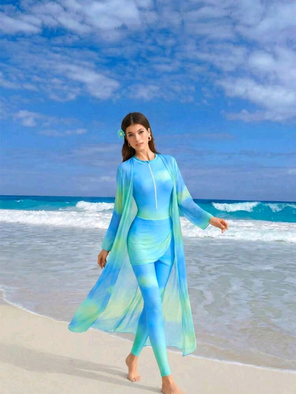 Swim Shayni 4pcs Women's Bikini Set, Bohemian Style Fashion Tie Dye Tie-Dye Print Ocean Tone Vacation Outfit Includes Maxi Dress + Jumpsuit + Pants + Fringed Skirt, Spring/Summer
