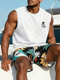 1pc Men's Casual Coconut Tree Print Round Neck Tank Top, Summer