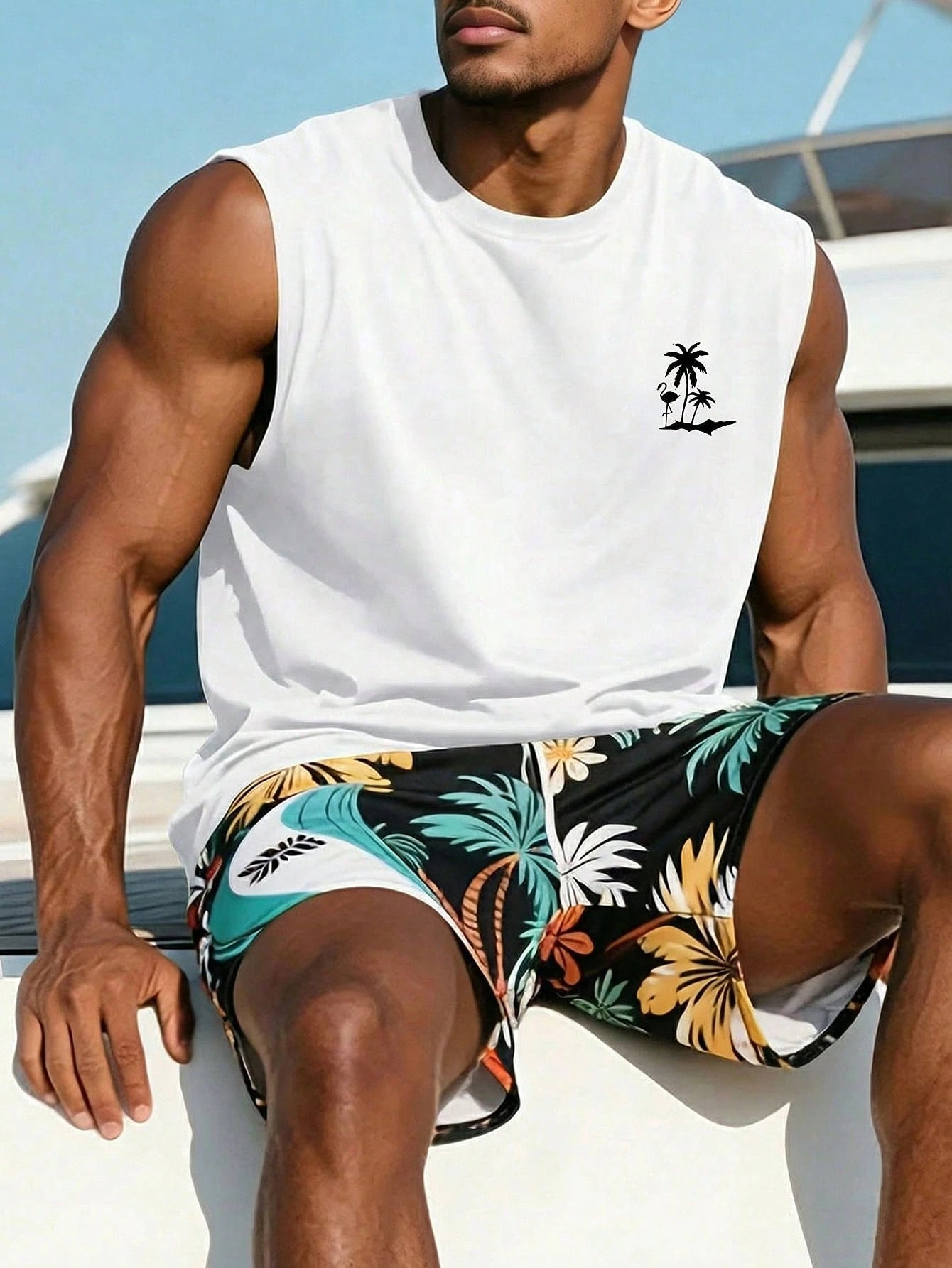 1pc Men's Casual Coconut Tree Print Round Neck Tank Top, Summer