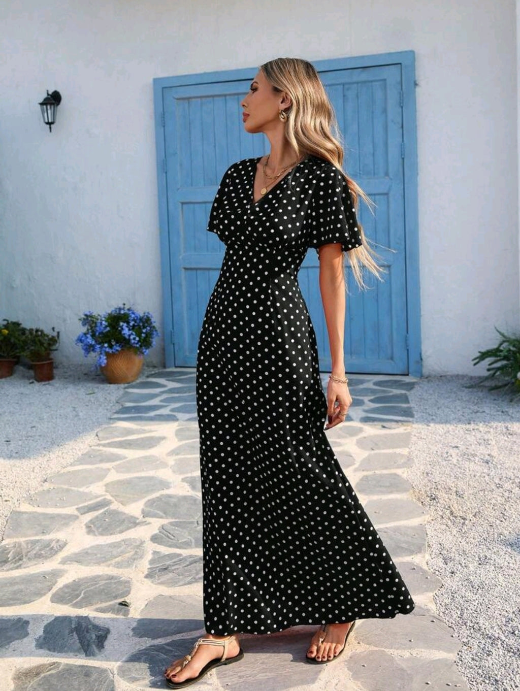 Vivid Eden Wave Pattern V-Neck Short Sleeve Fitted Women's Dress Spring And Summer Outfits, Summer Clothes, Valentine Day, Vacation Outfits Woman, Beach Outfits For Woman, Festival, Romantic And Elegant Clothing, Bohemian, BOHO, Sweet, Rave Outfits Festiv