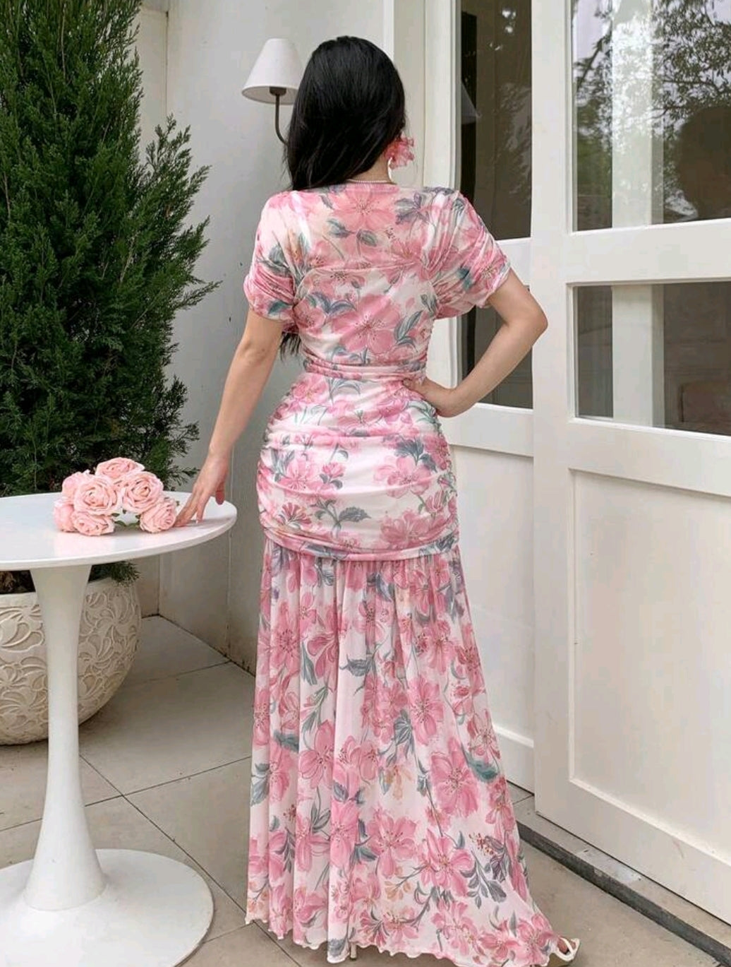 Modelyn Elegant Floral Print Chiffon Dress, Pleated Graceful High-End Fashion Summer Evening Gown For Women