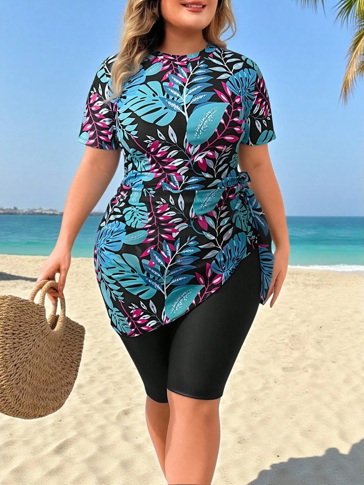 Swim Mulvari Plus Size Women Random Print Burkini Swimwear