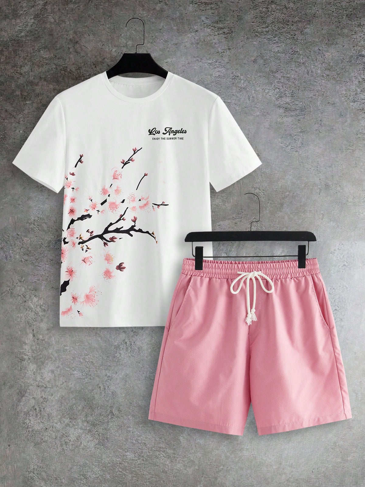 Manfinity VCAY Men Slogan & Tropical Print Tee & Drawstring Waist Shorts Summer Outfit, Cozy Outfits, Couple Things
