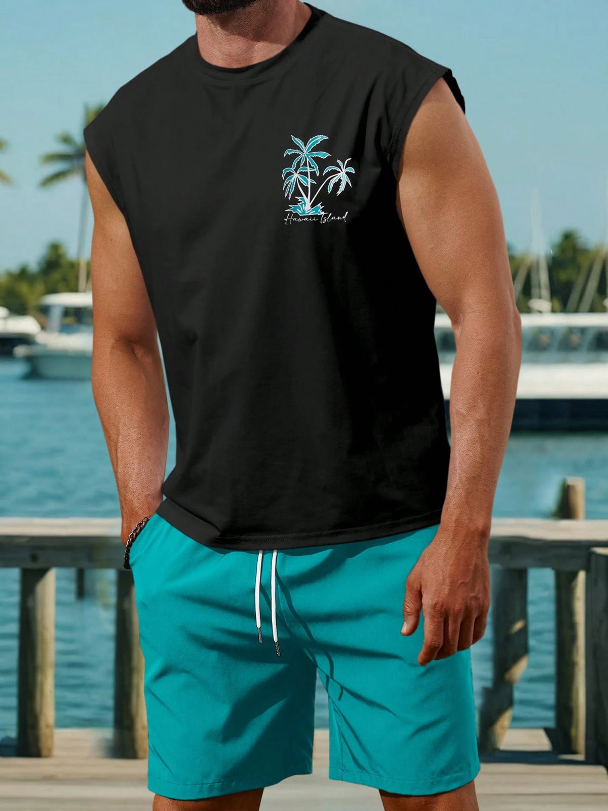 NEOREFINED Men Simple Printing Vacation Style Sleeveless Tank Top And Shorts Set, Cozy Outfits, Holiday