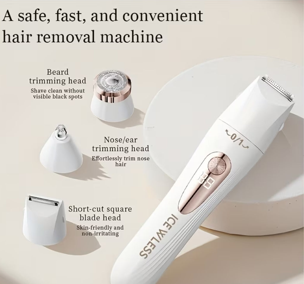 A Multi-functional Epilator, a Three-in-one Epilator for Women, with USB Charging and LCD Display. A Home Underarm Hair Remover, a Home Eyebrow and Nose Hair Trimmer for Women, a Body Hair Trimmer, and a Bikini Epilator
