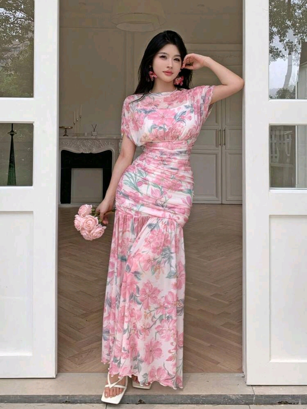 Modelyn Elegant Floral Print Chiffon Dress, Pleated Graceful High-End Fashion Summer Evening Gown For Women