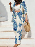 Breezaya Bohemian Teal Green Long-Sleeve Two-Piece Set With Pom-Pom Details,Women Tropical Summer Holiday Vacation Outfit Featuring Random Patterns Beachwear
