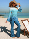 Swim Shayni 2026 Summer Vacation Beach Modest Purple Ombre Long Sleeve Flare Pants Burkini Set For Women New Women's Swimwear ArrivalFor School,Suitable For Holiday, Date, Afternoon Tea, Western, Cruise, Beach, Island, Road Trip, All Seasons, Music Festiv