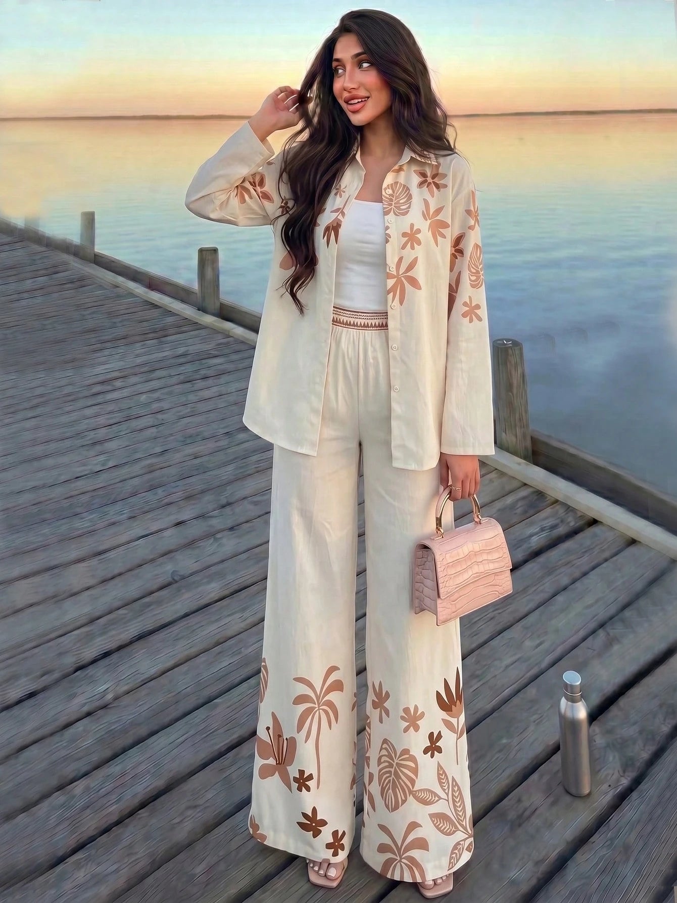 Modelyn Women's 2 Pieces Set Beige Summer Boho Tropical Leaf Digital Printed Long Sleeve Button-Up Blouse & Straight Leg Pants Holiday Vacation Outfit,Soft