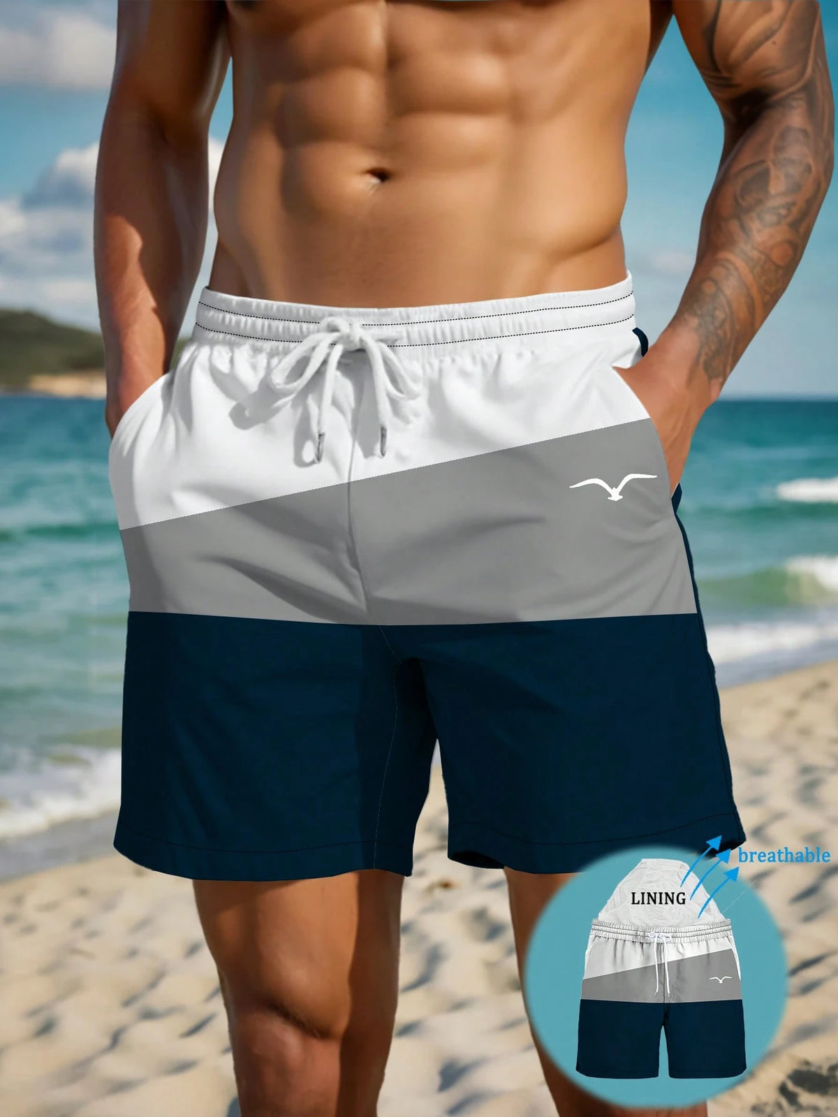 Men's Summer Printed Pattern Drawstring Waist Slant Pocket Hawaiian Quick-Dry Double-Layer Mesh Lined Shorts, Seagull Contrast Color 3D Artistic Print, Fashionable Casual Beachwear Swim Trunks