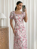Modelyn Women's Long Floral Print Petal Sleeve Waist Gathered Elegant Vacation Dress, Spring/Summer