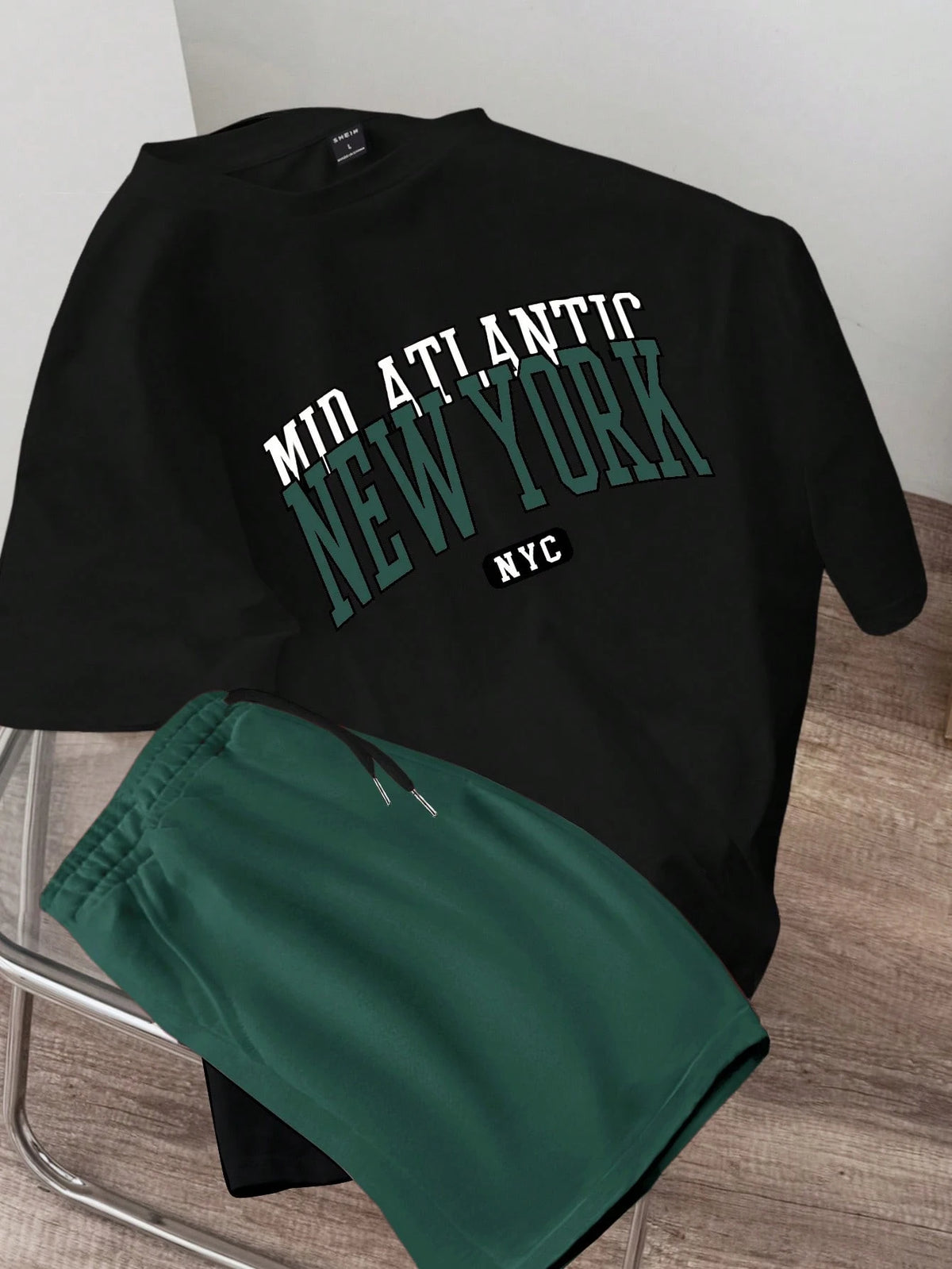 Manfinity Hypemode Standard Size Men's Black Top And Green Bottom T-Shirt Set