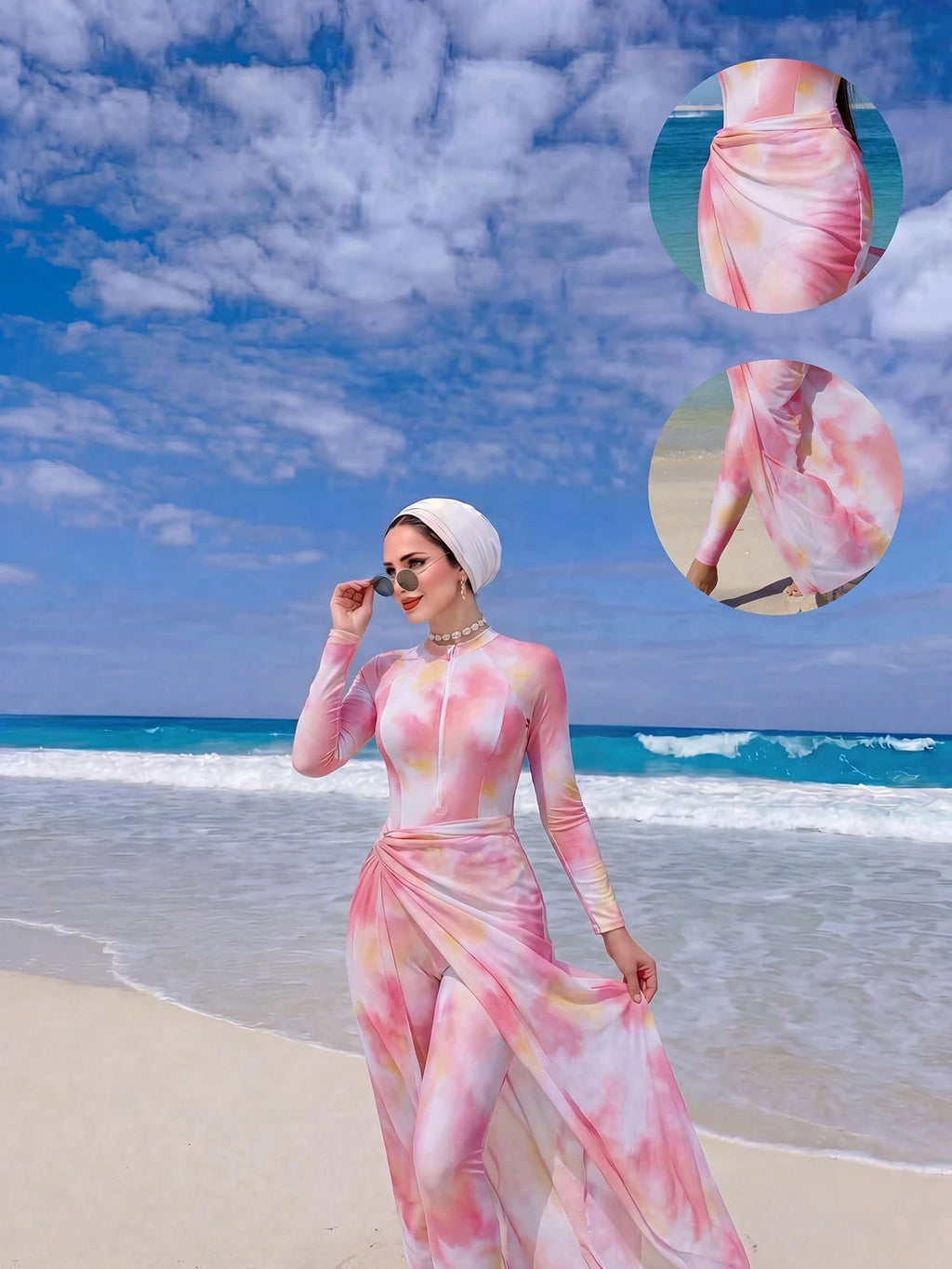 Swim Shayni Spring/Summer Hot Selling Ombre Print Zipper Front Swimwear + Solid Color Elastic Waist Pants + Ombre Print Waist Slit Skirt 3-Piece Burkini Set
