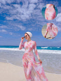 Swim Shayni Spring/Summer Hot Selling Ombre Print Zipper Front Swimwear + Solid Color Elastic Waist Pants + Ombre Print Waist Slit Skirt 3-Piece Burkini Set