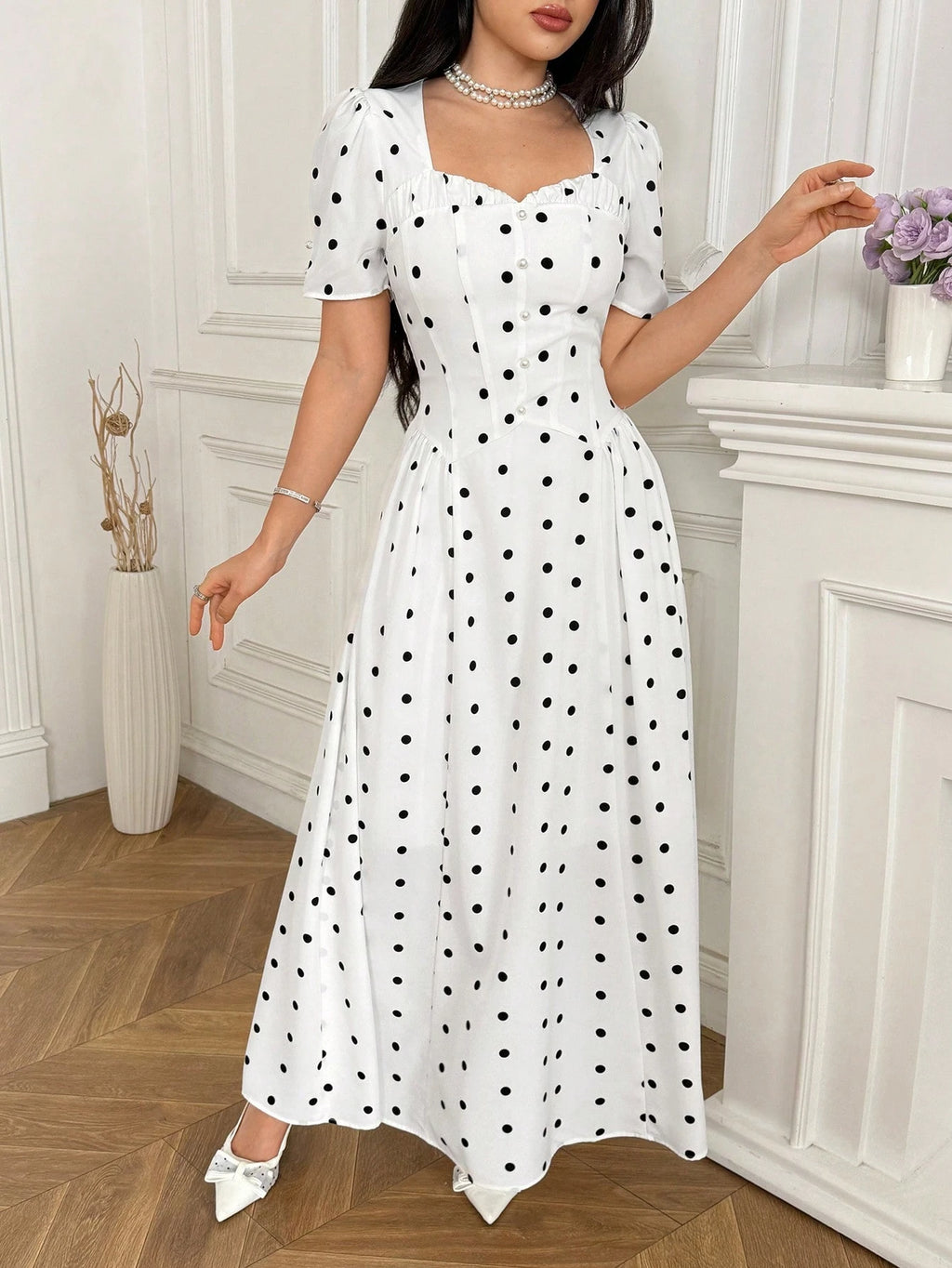 Modelyn Women's Elegant French White And Black Polka Dot Print Backless Long Dress, Summmer Tea Party