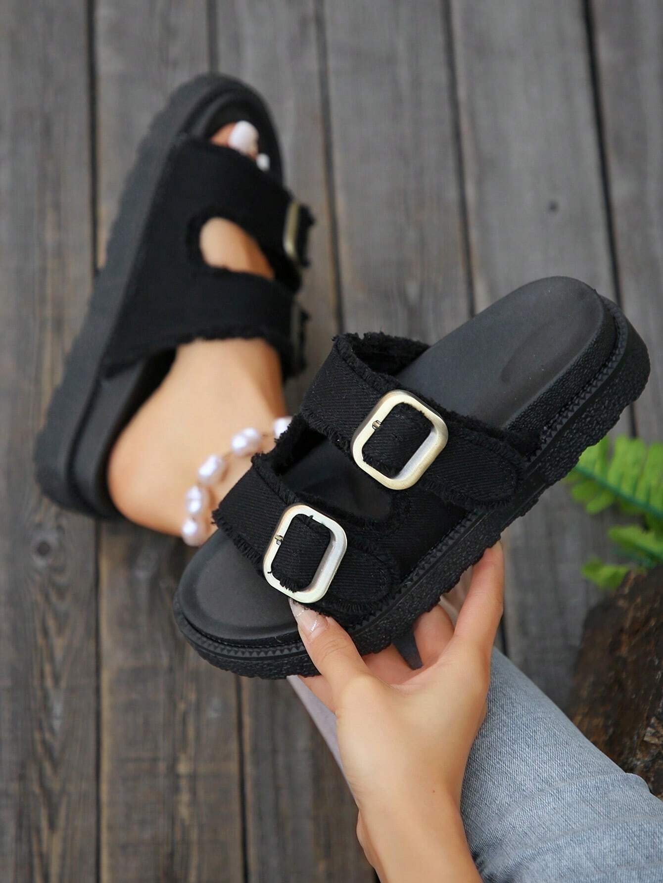 Women's Fashion Versatile Blue Tassel Casual Vacation Style Buckle Platform Thick Bottom Slide Sandals, Minimalist Outdoor Thick Sole Slippers