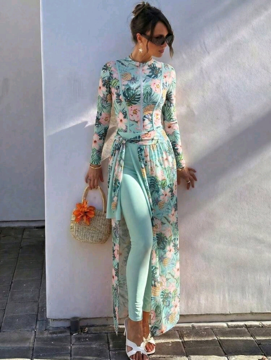 Swim Mulvari Women's 4-Piece Set, New Spring/Summer Tropical Floral Print Jumpsuit, Sheer Skirt, And Slim Fit Pants, Minimalist Yet Fashionable Vacation Swimwear, Spring/Summer