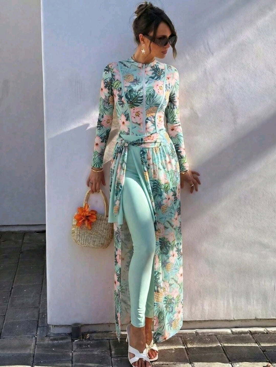 Swim Mulvari Women's 4-Piece Set, New Spring/Summer Tropical Floral Print Jumpsuit, Sheer Skirt, And Slim Fit Pants, Minimalist Yet Fashionable Vacation Swimwear, Spring/Summer