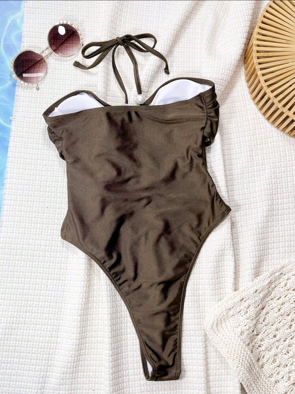 Swim Vcay Brown Shiny Fabric Criss-Cross Drawstring Hollow-Out Sexy Backless One-Piece Swimsuit For Women For Summer Beach Vacation